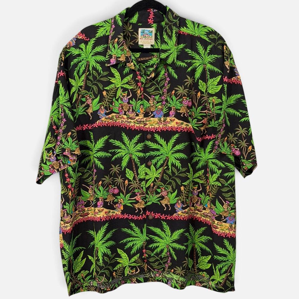 Kahala Ron Anderson Hawaiian Shirt Vintage 90s Aloha Green Luau Hula Rayon XXL